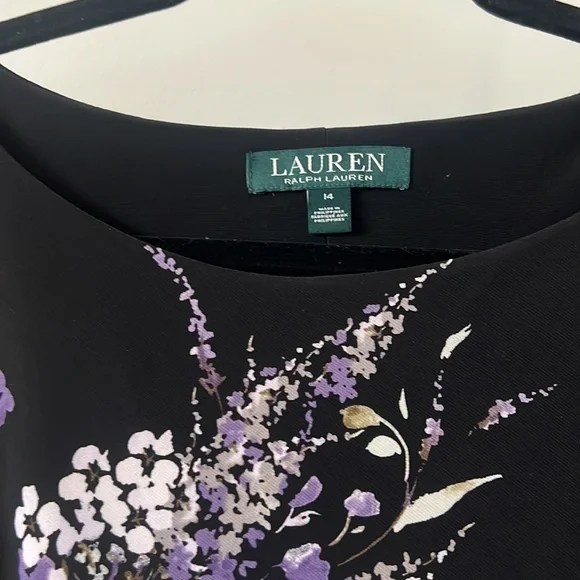 Lauren black dark floral cinched dress SZ 14 black wrap style ruffle career - Picture 2 of 14